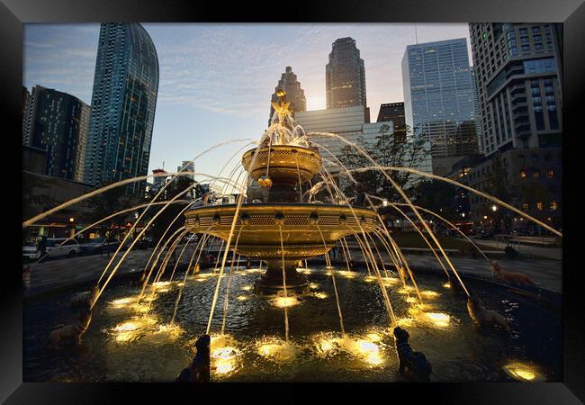 Fountain and Toronto skyline at sunset in financial district Framed Print by Elijah Lovkoff