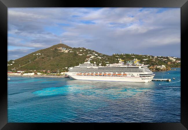Cruise ship docked in a Charlotte Amalie bay before departing to Framed Print by Elijah Lovkoff