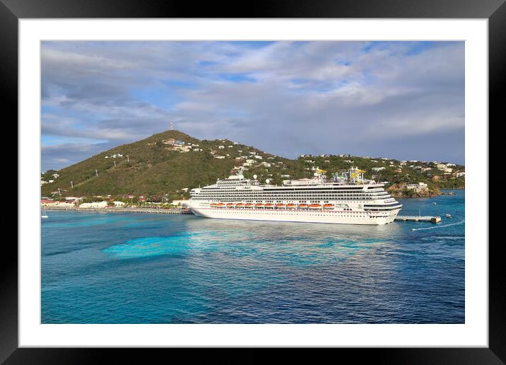 Cruise ship docked in a Charlotte Amalie bay before departing to Framed Mounted Print by Elijah Lovkoff