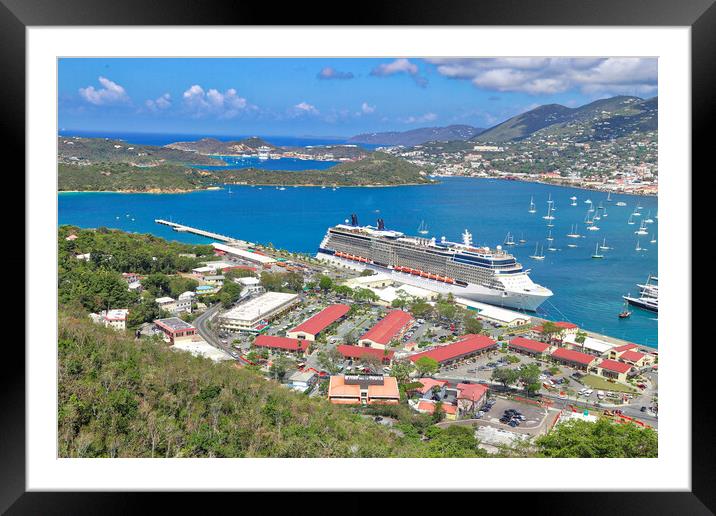 Cruise ship docked near Saint Thomas Island Framed Mounted Print by Elijah Lovkoff