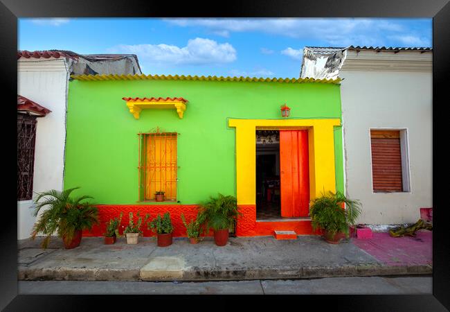 Colombia, Scenic colorful streets of Cartagena in historic Getsemani district near Walled City, Ciudad Amurallada Framed Print by Elijah Lovkoff