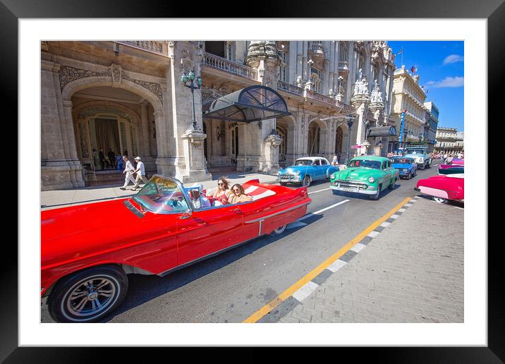 Happy tourists enjoying a taxi ride in Old Havana Framed Mounted Print by Elijah Lovkoff