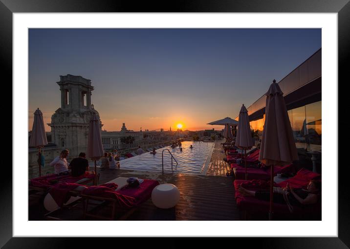A scenic panoramic view of Havana Historic Center (Havana Vieja) and Capitolio at sunset from the roof terrace of the luxury hotel with swimming pool and restaurant Framed Mounted Print by Elijah Lovkoff