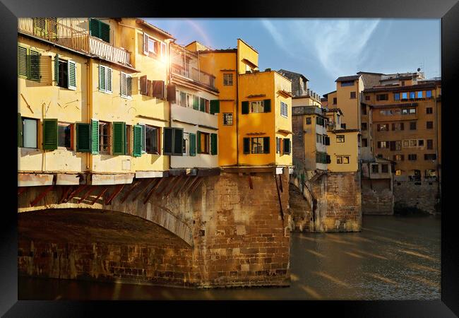 Scenic beautiful Ponte Vecchio bridge in Florence historic city center Framed Print by Elijah Lovkoff