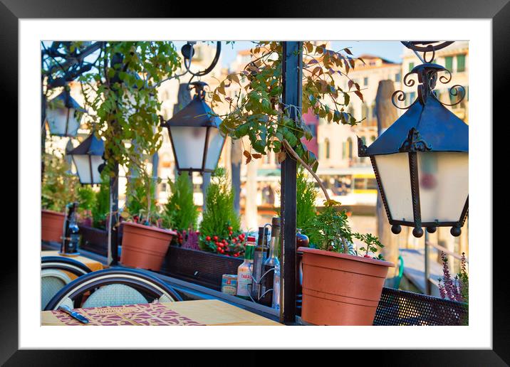 Restaurant terrace near a landmark in Venice Framed Mounted Print by Elijah Lovkoff