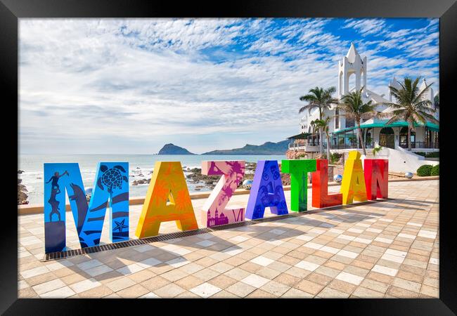 Mazatlan, Mexico, Big Mazatlan Letters at the entrance to Golden Zone (Zona Dorada), a famous touristic beach and resort zone Framed Print by Elijah Lovkoff