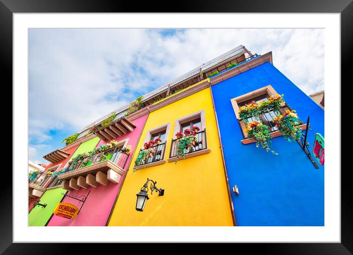 Colorful historic buildings in Monterrey Framed Mounted Print by Elijah Lovkoff