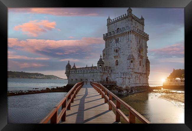 Portugal, Lisbon, Belem Tower at sunset on the bank of the Tagus River Framed Print by Elijah Lovkoff