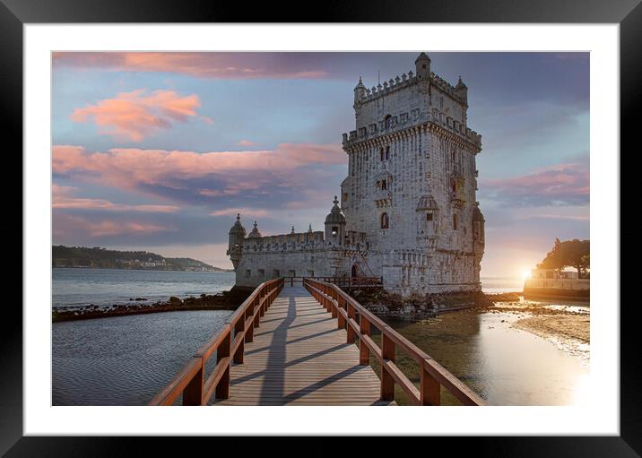 Portugal, Lisbon, Belem Tower at sunset on the bank of the Tagus River Framed Mounted Print by Elijah Lovkoff