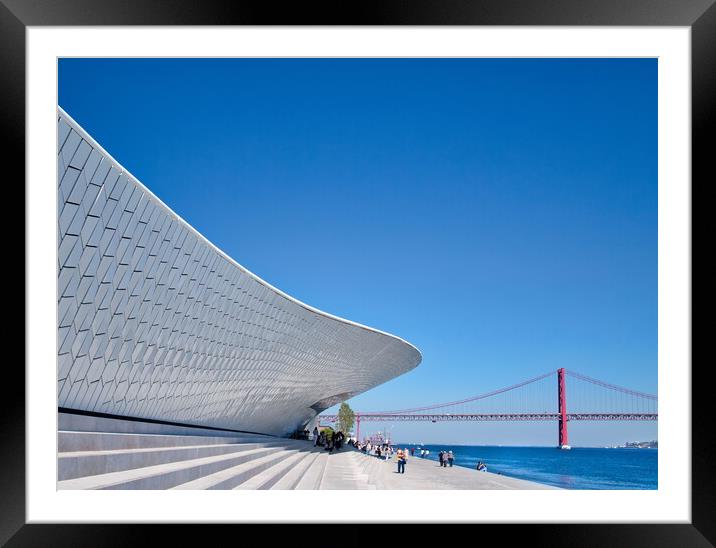 Famous MAAT Museum in Lisbon near river Tagus and Landmark 25 of April bridge Framed Mounted Print by Elijah Lovkoff