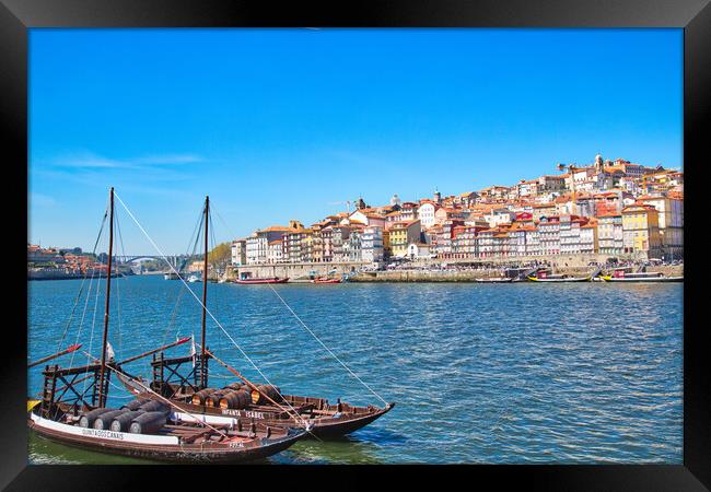Famous colorful boats providing tours along banks of Rio Douro Framed Print by Elijah Lovkoff