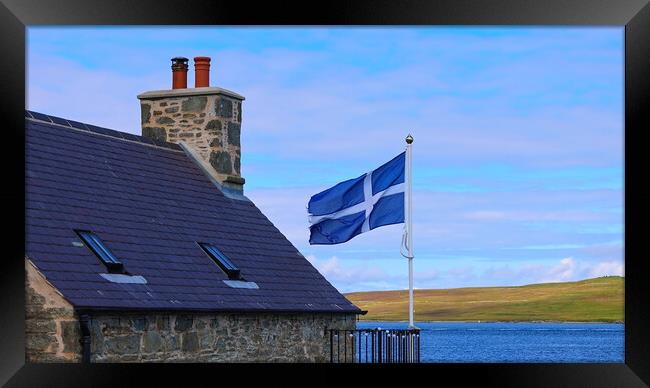 Shetland Flag waving on a typical medieval house in Lerwick downtown and port in Scotland, England Framed Print by Elijah Lovkoff