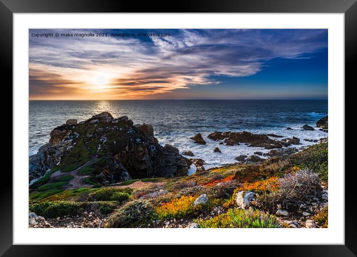 Sunset on the beach  Framed Mounted Print by maka magnolia