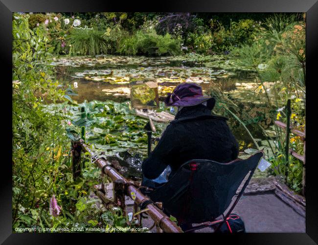 Artist in Claude Monet's water garden at Giverny, France in a digital art format Framed Print by Linda Webb