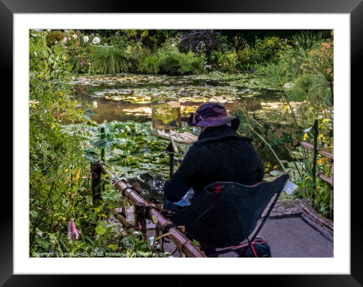 Artist in Claude Monet's water garden at Giverny, France in a digital art format Framed Mounted Print by Linda Webb