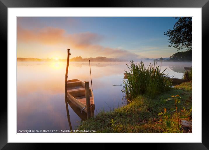 Small boat at sunrise by the lake  Framed Mounted Print by Paulo Rocha
