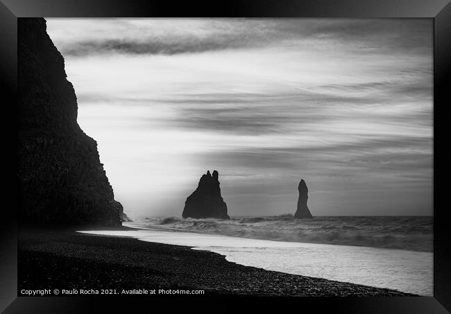 Reynisfjara black sand beach and Reynisdrangar rock formation - Iceland Framed Print by Paulo Rocha