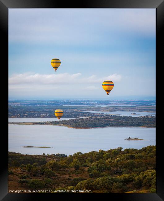 Hot air balloons over the river landscape in Monsaraz, Alentejo, Portugal  Framed Print by Paulo Rocha
