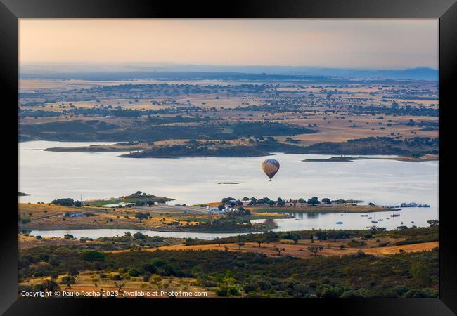 Hot air balloon over Monsaraz river beach, Alentejo, Portugal Framed Print by Paulo Rocha