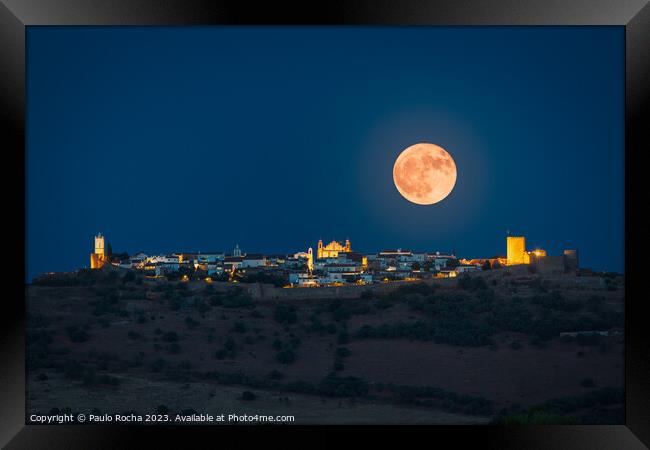 Night landscape of Monsaraz, Portugal, with a full moon Framed Print by Paulo Rocha