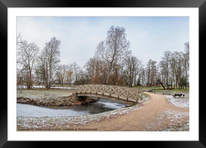 Public park with wooden bridge Framed Mounted Print by Maria Vonotna