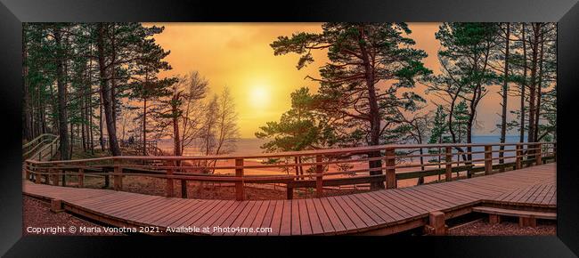 Sunset panorama of wooden path near Baltic sea coast Framed Print by Maria Vonotna