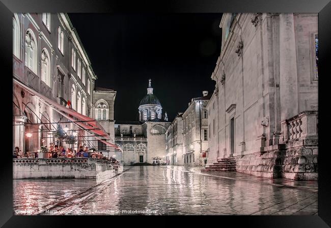 View of Dubrovnik city center at night Framed Print by Maria Vonotna