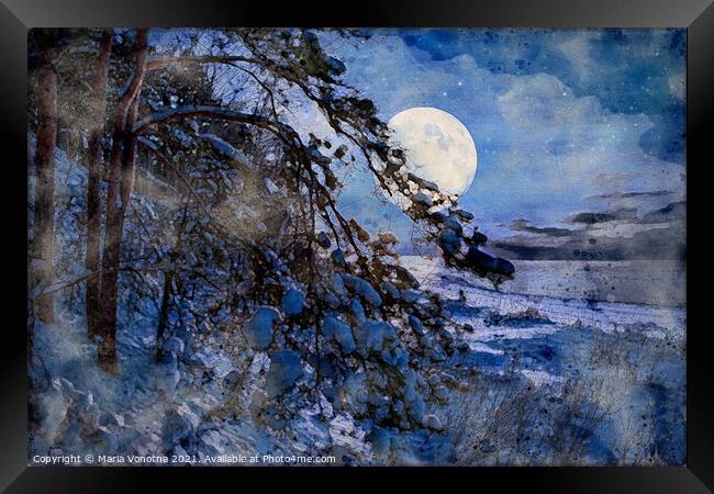Watercolor painting of winter night seascape Framed Print by Maria Vonotna