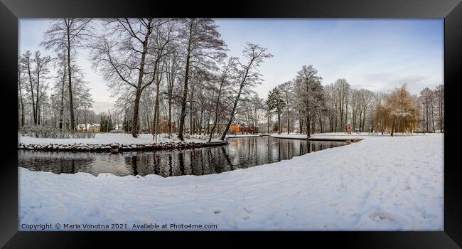 Winter landscape in snowy park with small pond Framed Print by Maria Vonotna