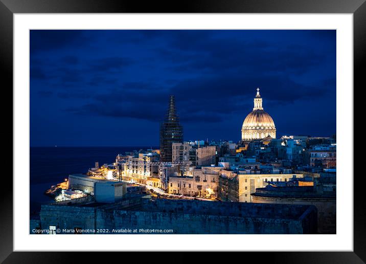 Illuminated at night Valletta old town and harbor Framed Mounted Print by Maria Vonotna