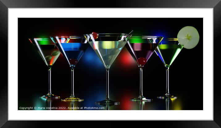 Colorful cocktails in martini glasses on night club counter Framed Mounted Print by Maria Vonotna