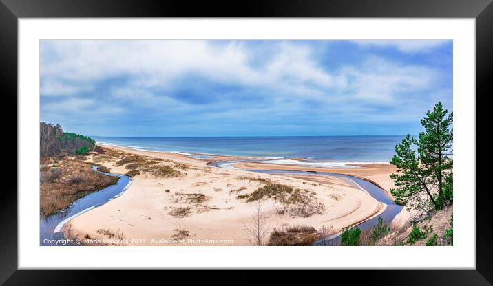 Sand beach and Baltic sea surrounded by conifer tr Framed Mounted Print by Maria Vonotna