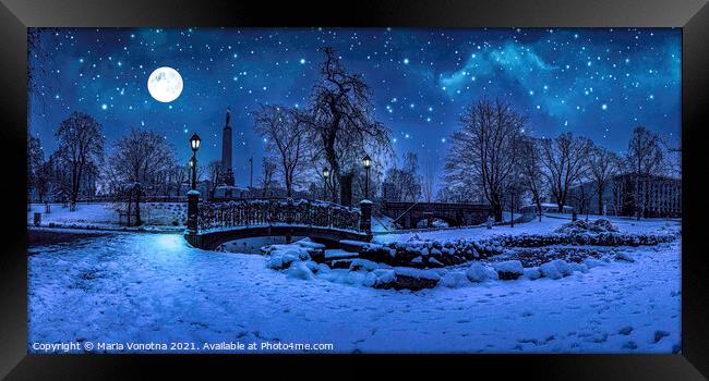 Winter night with starry sky and full moon in snow Framed Print by Maria Vonotna