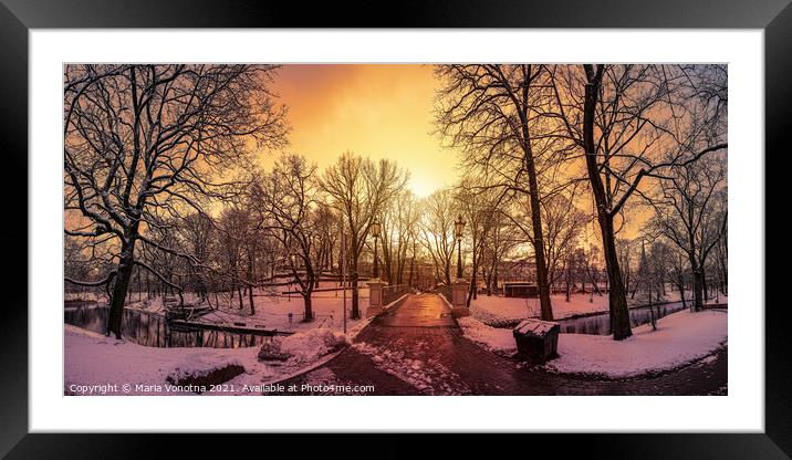 Snowy park during sunset in Riga, Latvia.  Framed Mounted Print by Maria Vonotna