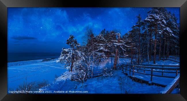 Nighttime winter scene near sea coast Framed Print by Maria Vonotna