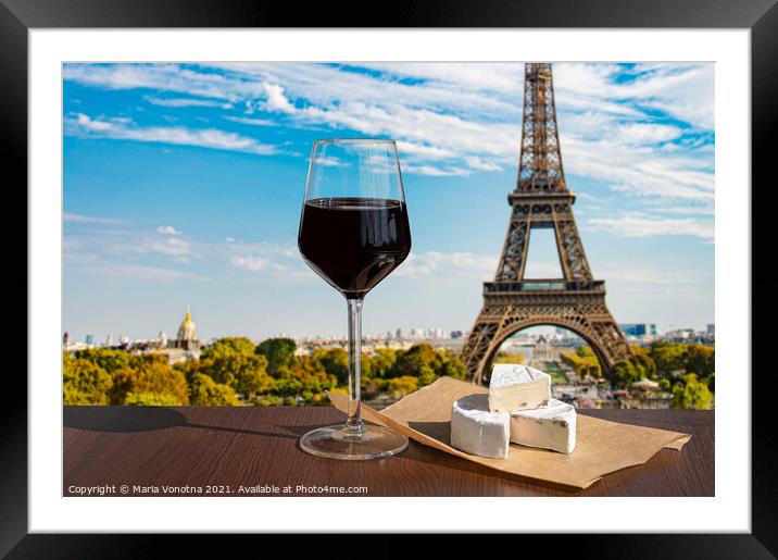 Glass of wine with brie cheese on Eiffel tower in Paris Framed Mounted Print by Maria Vonotna