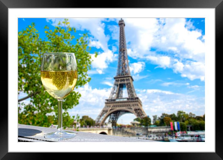 Glass of white wine with Eiffel tower view Framed Mounted Print by Maria Vonotna