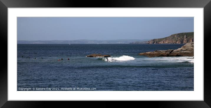 Porthleven Surfer Cornwall Panoramic Framed Mounted Print by Sandra Day