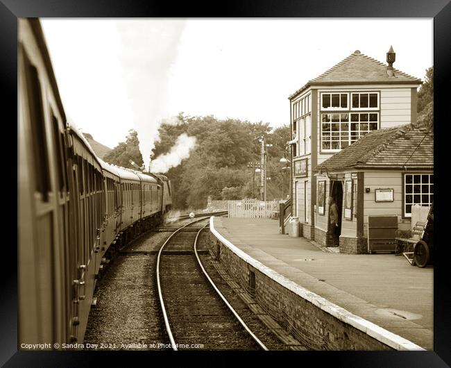 Corfe Castle steam train station sepia Framed Print by Sandra Day