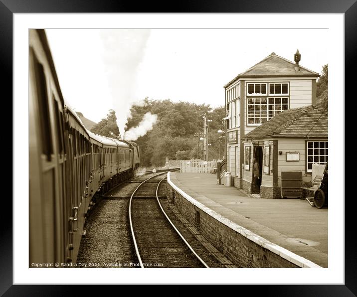 Corfe Castle steam train station sepia Framed Mounted Print by Sandra Day