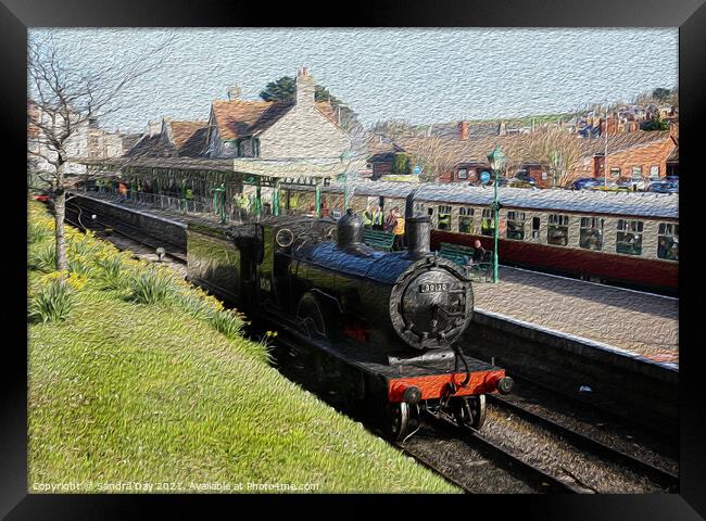 Train at Swanage Station Oil Framed Print by Sandra Day