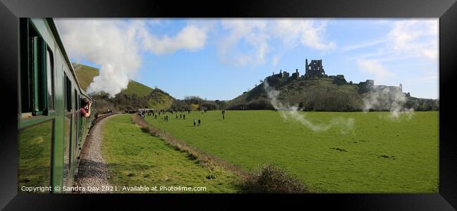 Corfe Castle from Flying Scotsman Framed Print by Sandra Day