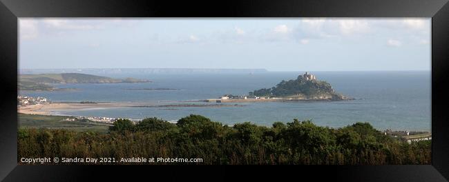 St Micheals Mount Island, panoramic. Framed Print by Sandra Day