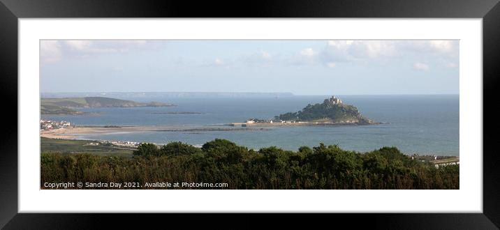 St Micheals Mount Island, panoramic. Framed Mounted Print by Sandra Day