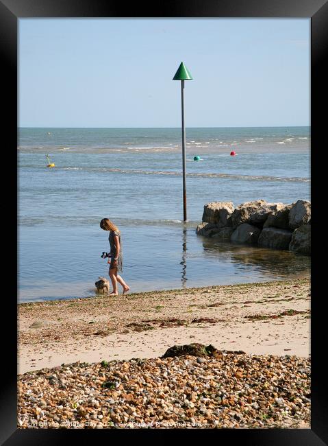 Dog and Lady paddling at Mudeford Beach Framed Print by Sandra Day