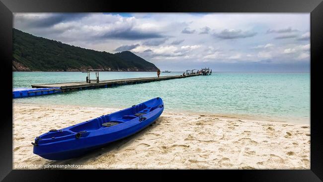 Redang Island, Malaysia Colourful blue kayak boat on the beach r Framed Print by johnseanphotography 