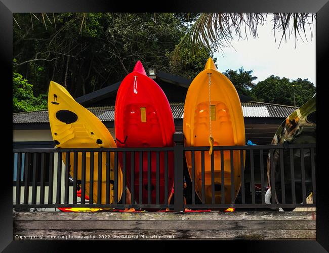 Redang Island Malaysia Colourful kayaks, boats and canoes stacke Framed Print by johnseanphotography 