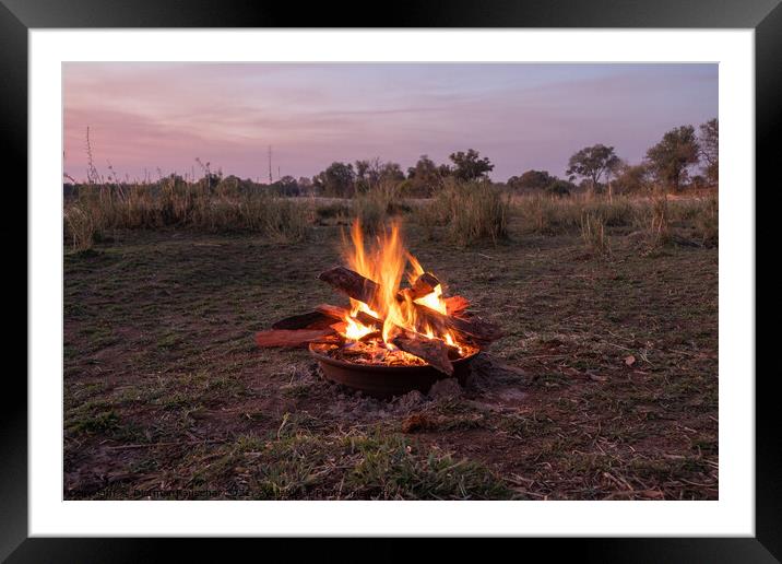 Blazing Camp Fire in Nature at the Okawango, Africa Framed Mounted Print by Dietmar Rauscher