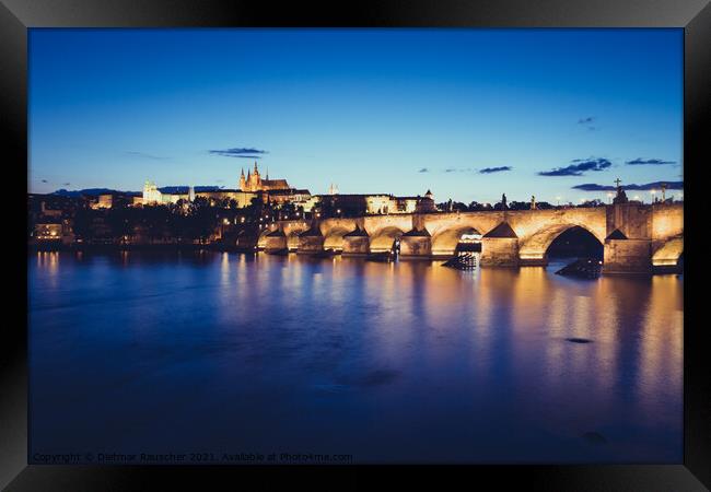 Charles Bridge over River Vltava in Prague at Night  Framed Print by Dietmar Rauscher