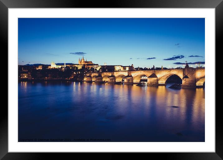Charles Bridge over River Vltava in Prague at Night  Framed Mounted Print by Dietmar Rauscher